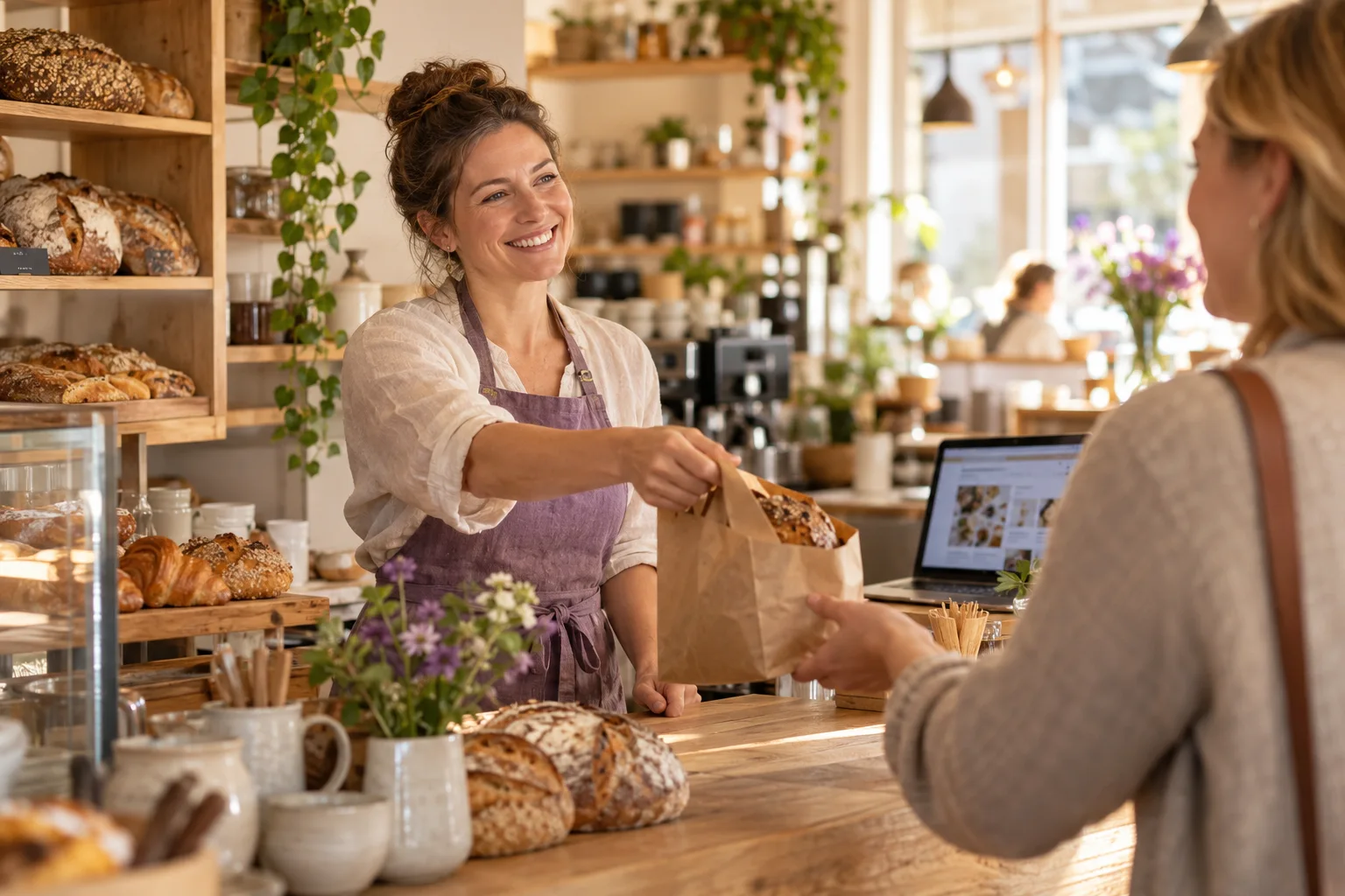 Persönlicher Kontakt zwischen einer Caféinhaberin und ihrer Kundschaft.