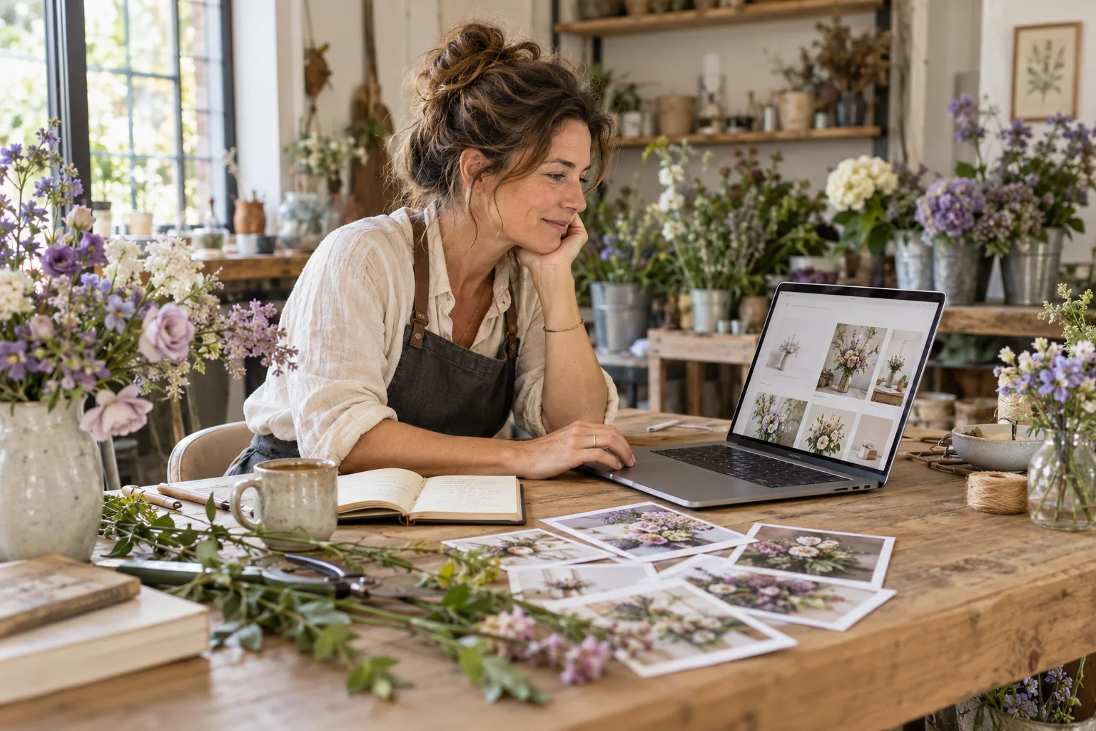 Eine Floristin bearbeitet ihre eigenen Inhalte am Laptop in ihrer Blumenwerkstatt.